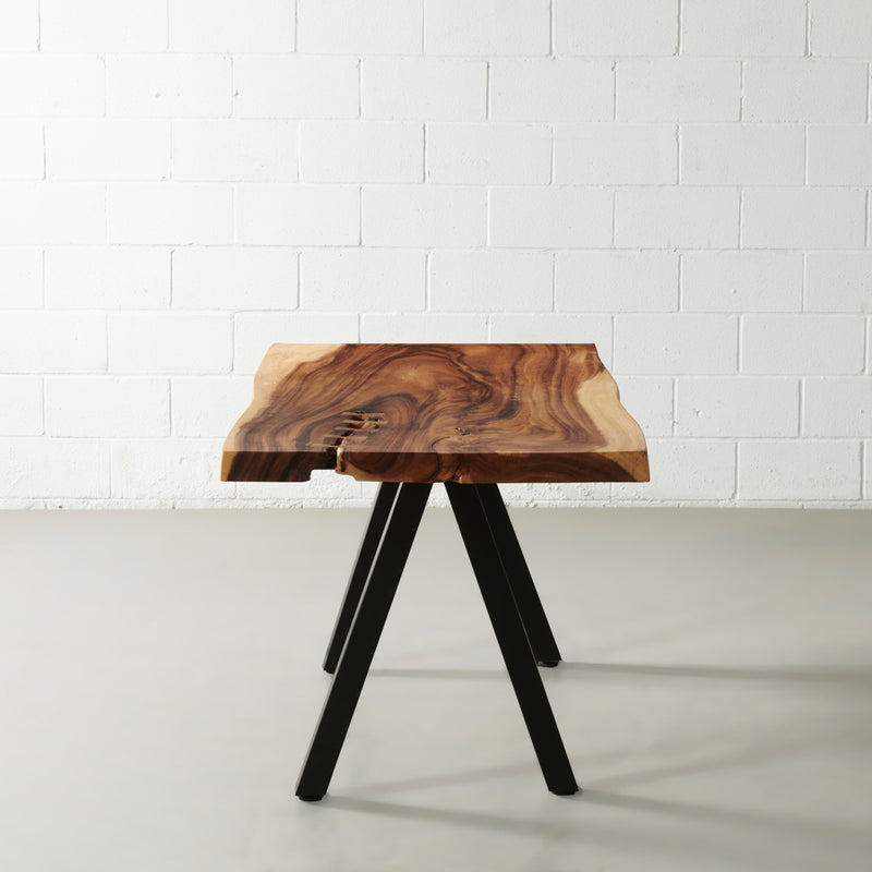 Suar Solid Wood Live Edge Table with Black Pyramid-Shaped Legs/Natural Color