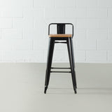 INDUSTRIE - Black Bar Stool with Backrest and Wood Seat (75 cm)