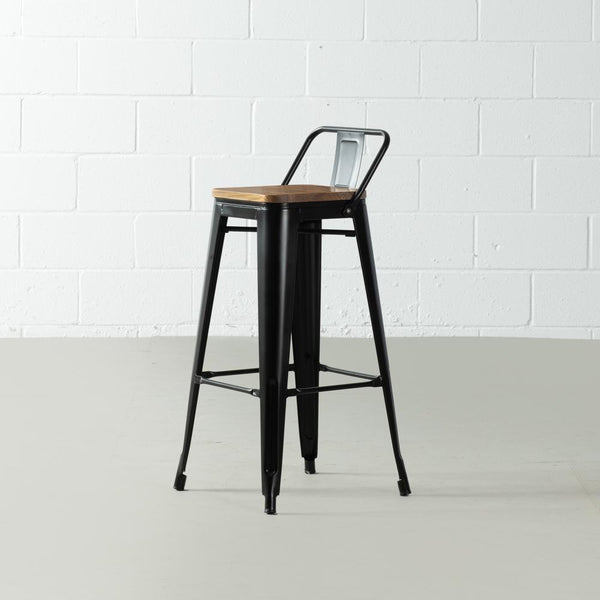 INDUSTRIE - Black Bar Stool with Backrest and Wood Seat (75 cm)