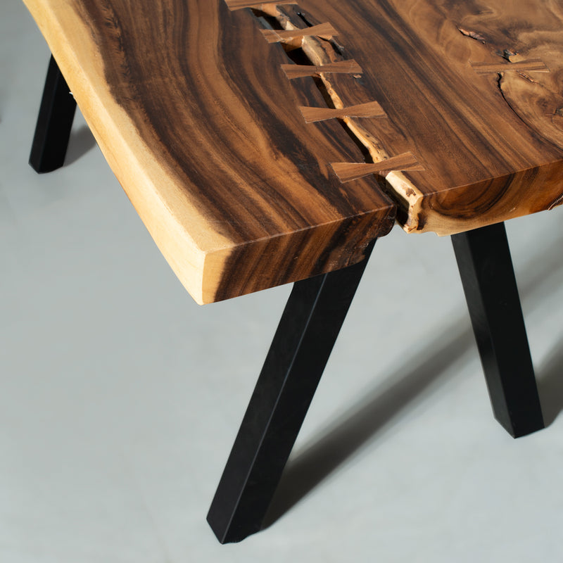 Suar Solid Wood Live Edge Table with Black Pyramid-Shaped Legs/Natural Color