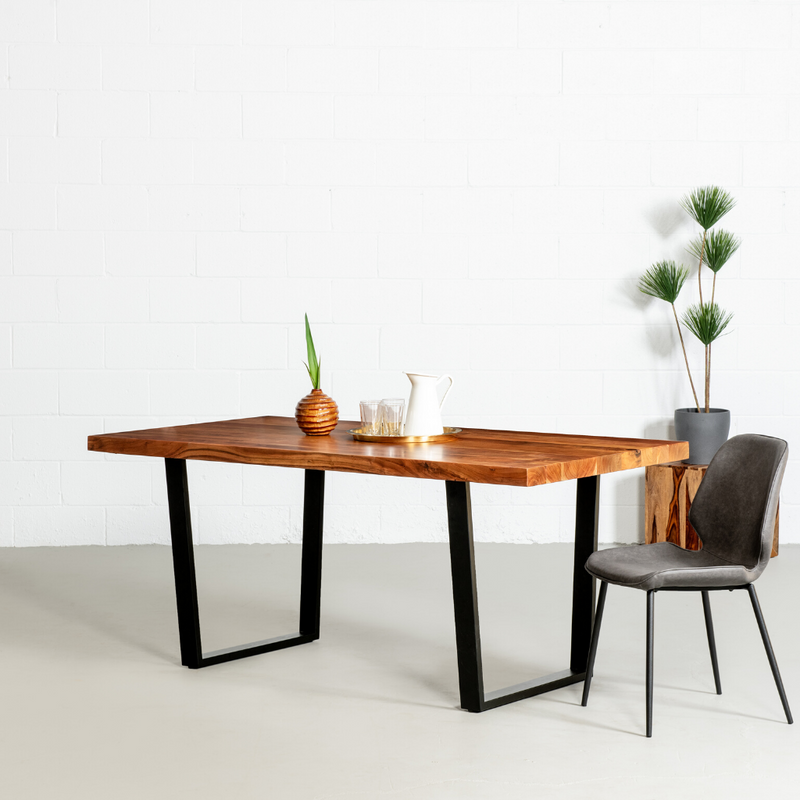 Straight Cut Acacia Wood Table with Black U-Shaped Legs/Natural Colour - Wazo Furniture