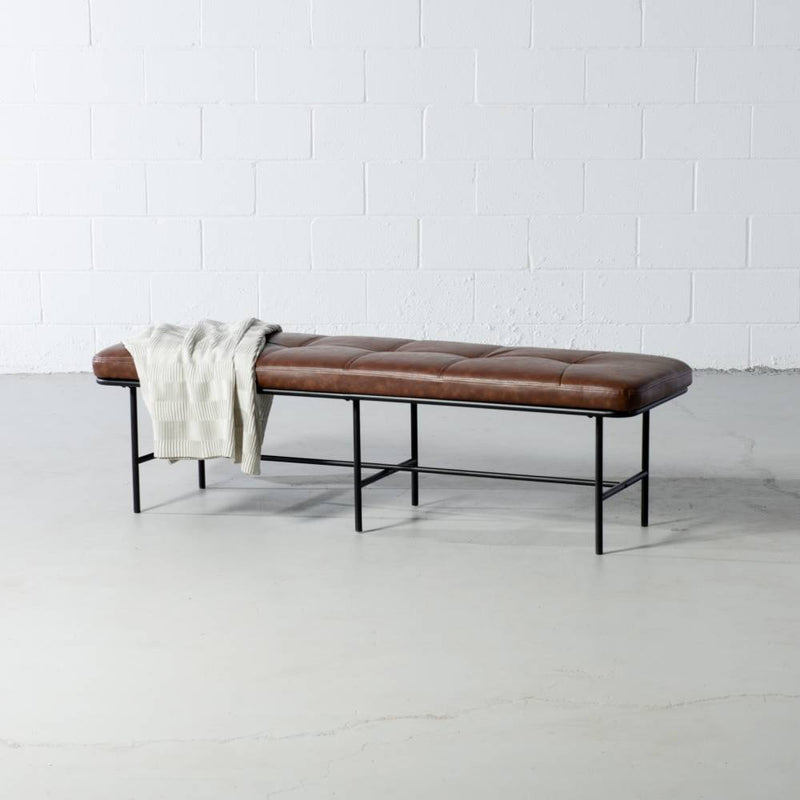 MILAN - Vintage Brown Leather Bench w/ Black Metal Legs - Wazo Furniture