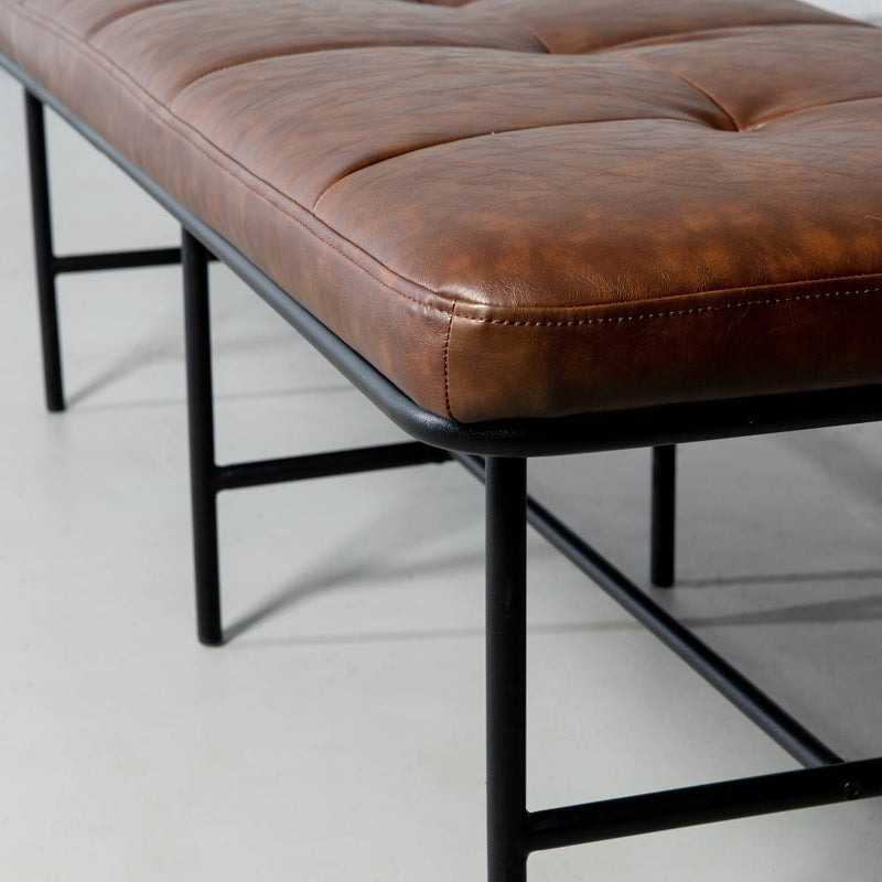 MILAN - Vintage Brown Leather Bench w/ Black Metal Legs - Wazo Furniture