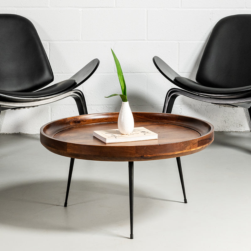 SELMA - Walnut Mango Wood Mid Century Modern Round Coffee Table With Metal Legs - Wazo Furniture
