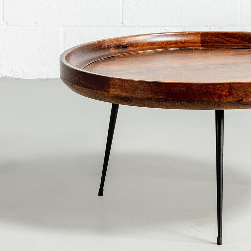 SELMA - Walnut Mango Wood Mid Century Modern Round Coffee Table With Metal Legs - Wazo Furniture