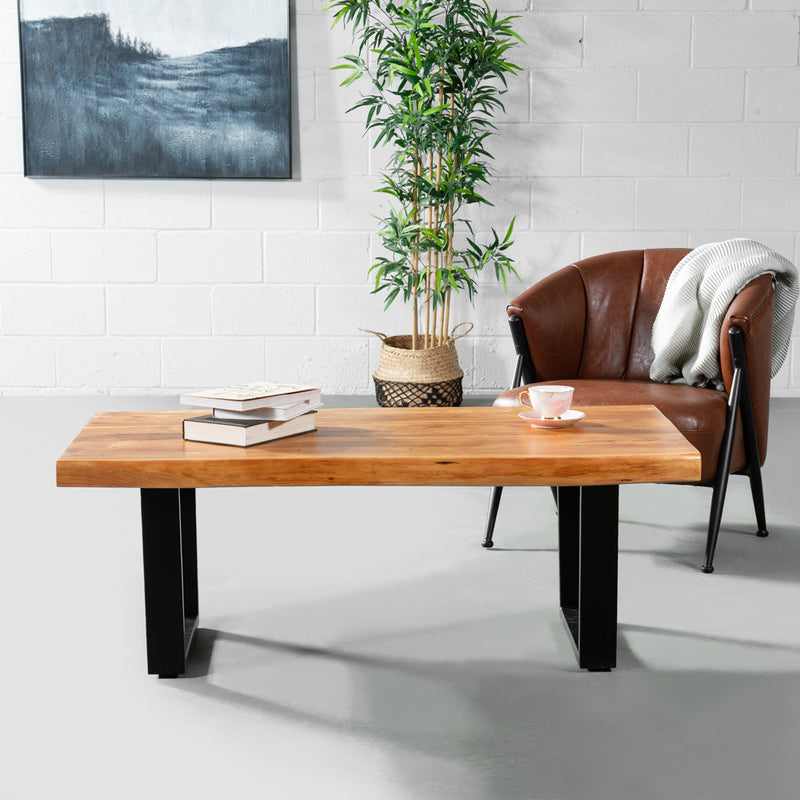 Acacia Natural Live Edge Wood Coffee Table with Black U Shaped Legs