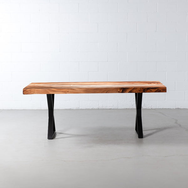 Straight Cut Suar Table with Black X Shaped Legs/Natural Finish