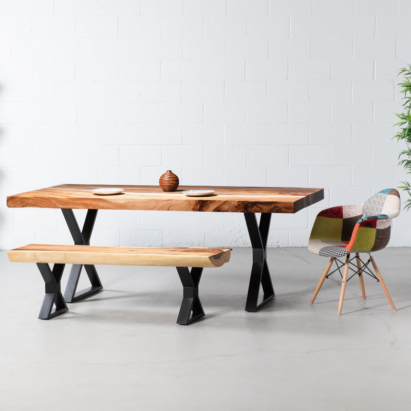 Straight Cut Suar Table with Black X Shaped Legs/Natural Finish