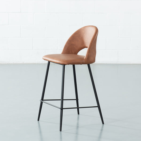 WALTER - Brown Leather Bar Stool (65cm)