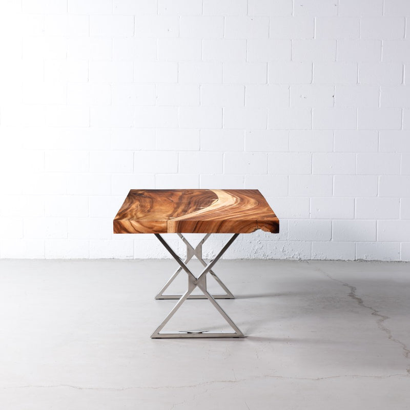 Straight Cut Suar Table with Chrome X Shaped Legs/Natural Finish